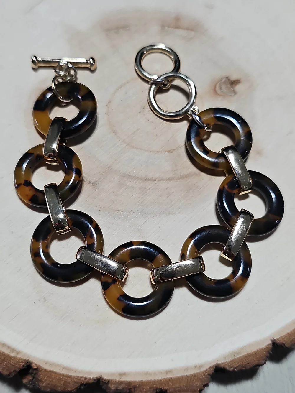 Tortoiseshell Link Bracelet with Gold Accents one side the other white
